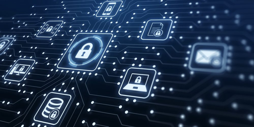 Data Protection and Cyber Security on Internet Server Network with Secure Access to Protect Privacy against Attacks. Illustration with Electronic Circuit Board Connections and Cybersecurity Icons.